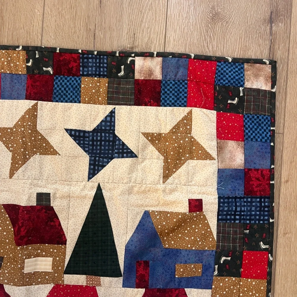 Handmade Christmas Patchwork Quilt Santa Gingerbread Wall Hanging Primitive
